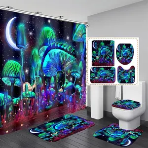 4PCS Mushroom Shower Set with Rugs, Lid Cover and Bath Mat, Moon and Stars with 12, Set