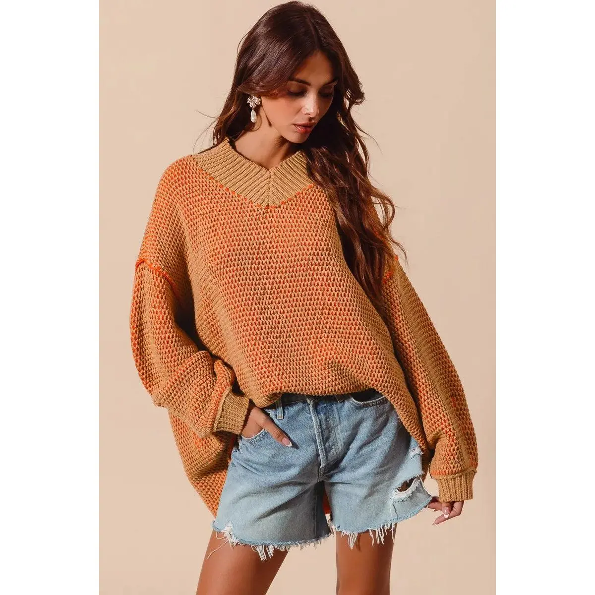 Oversized Two Tone Textured Boho Fall Sweater