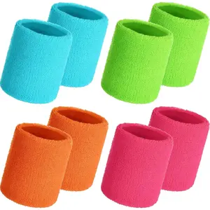 8 Pack Wrist Sweatbands Sports Wristbands Tennis Sweatbands Neon 80s Thick Cotton Gymnastics Sweat Band International Sports Athletic Wristband for Men Women Party Supplies Sportsball Active