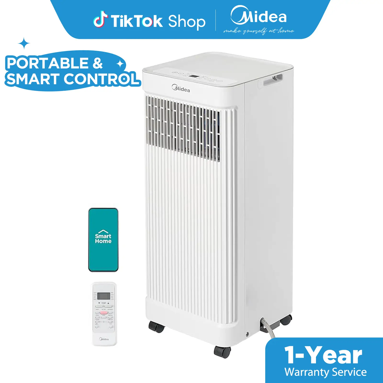 Midea 8,500 BTU ASHRAE (5,000 BTU SACC) Portable Air Conditioner, Back to School, Gift, Smart Control, Cools up to 150 Sq. Ft., with Dehumidifier & Fa