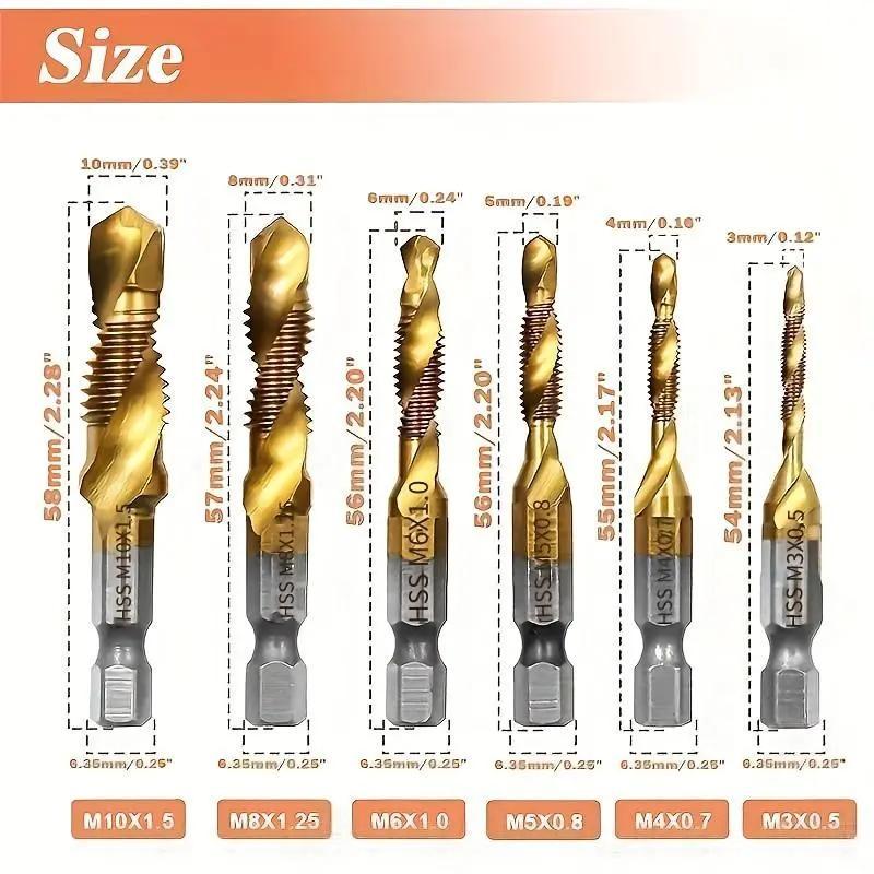 Tap drill bit set 6 Pack Metric Thread M3-M10 Screw Tapping Tool 1/4" Hex Shank Titanium Plated HSS Combination Drill and Tap Set Tap drill bit set 6 Pack Metric Thread M3-M10 Screw Tapping Tool 1/4" Hex Shank Titanium Plated HSS Combination Drill and Tap Set