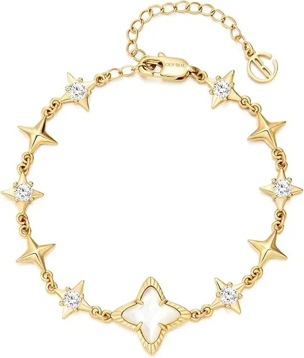 Cicy Bell Women's 18k Gold Plated White Shell Cubic Zirconia Square Cross Adjustable Chain Link Bracelet 6.69" with 2" Extender Star-Shaped Opal Sparkling Stones