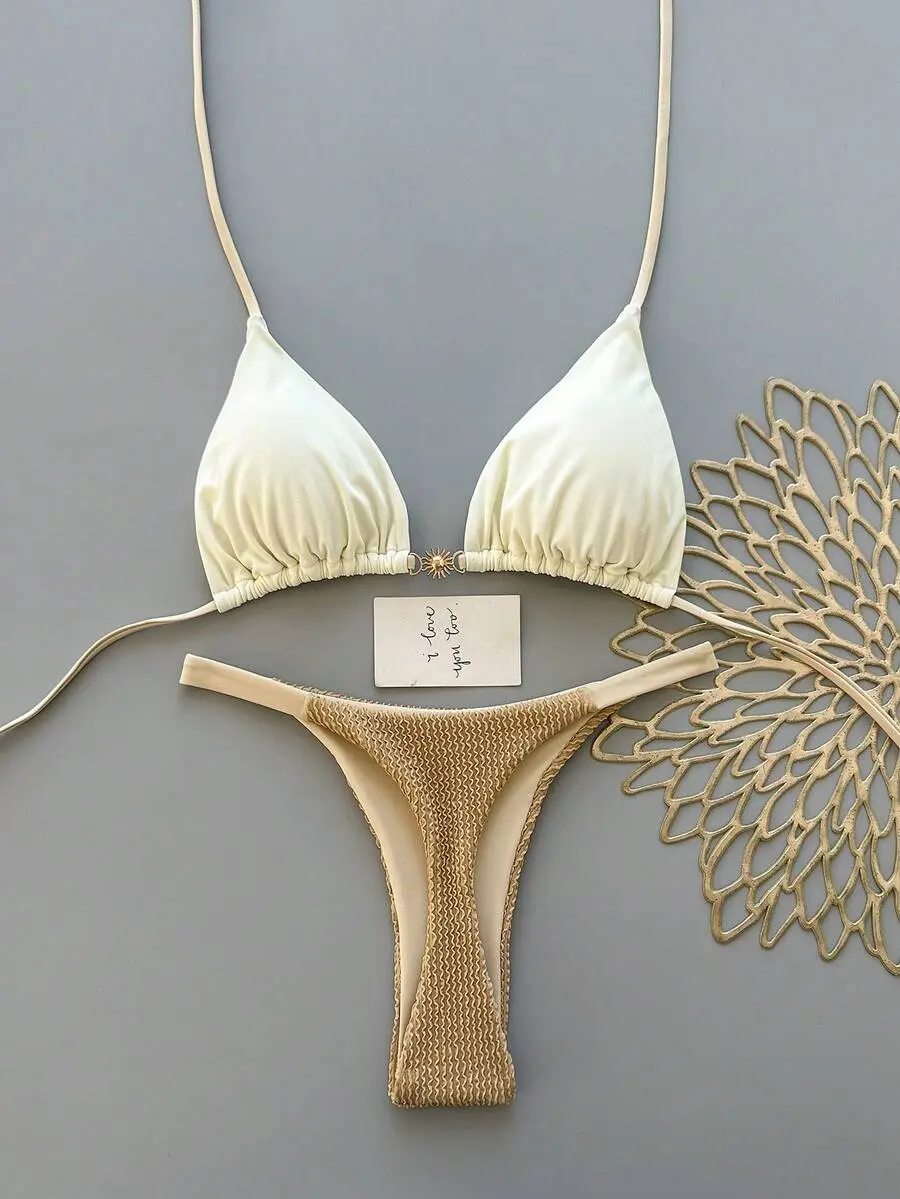 Women's Casual Spaghetti Strap Ruched High Elasticity Bikini Set, Triangle Top Paired With Textured Swim Bottoms Vacation Beach