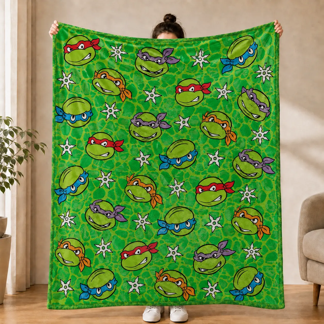 Teenage Mutant Ninja Turtles Flannel Blanket, Super Soft Warm Plush Throw Blanket for Bed Couch, Retro TMNT Green Ninja Fleece Bedding Cover, Cute Cartoon Gift for Kids Boys Teens Adults