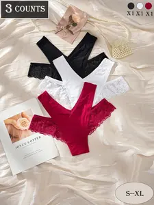 Dorsu 3-Pack High-Elastic Women's Panties Elegant Lace Triangle Briefs, Floral Pattern, Fitted Design, Soft Fabric, All-Season Comfort