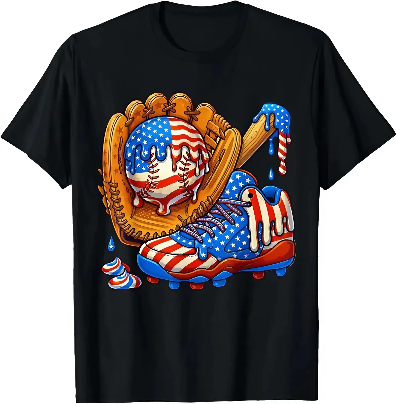 Ice Cream Drip Baseball Stuff American Flag for Youth and Adult T-Shirt, 4th of July shirt, 4th Of July Shirt for youth, Independence Day tee, USA Flag Drippy Graphic, Youth Clothing, holiday outfit, birthday gift, summer outfit, outdoor apparel
