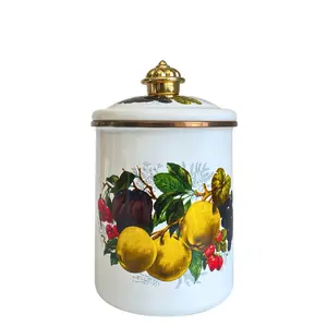 Fruit Pattern Enamel Storage Jar, 1 Count Vintage Themed Storage Tank with Lid, Dustproof Storage Container for Home Kitchen, Kitchen Utensils & Gadgets