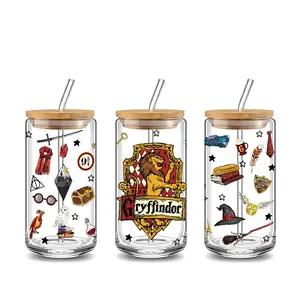 Magic Academy Lion Crest 16oz Glass Can Cup with Lid and Straw, Reusable Glass Drinking Cup, High-Quality Jar for Iced Coffee, Hot Chocolate, Stylish Fashionable Glassware, Wizardry Themed Drinkware, Perfect Gift for Magic Academy Fans