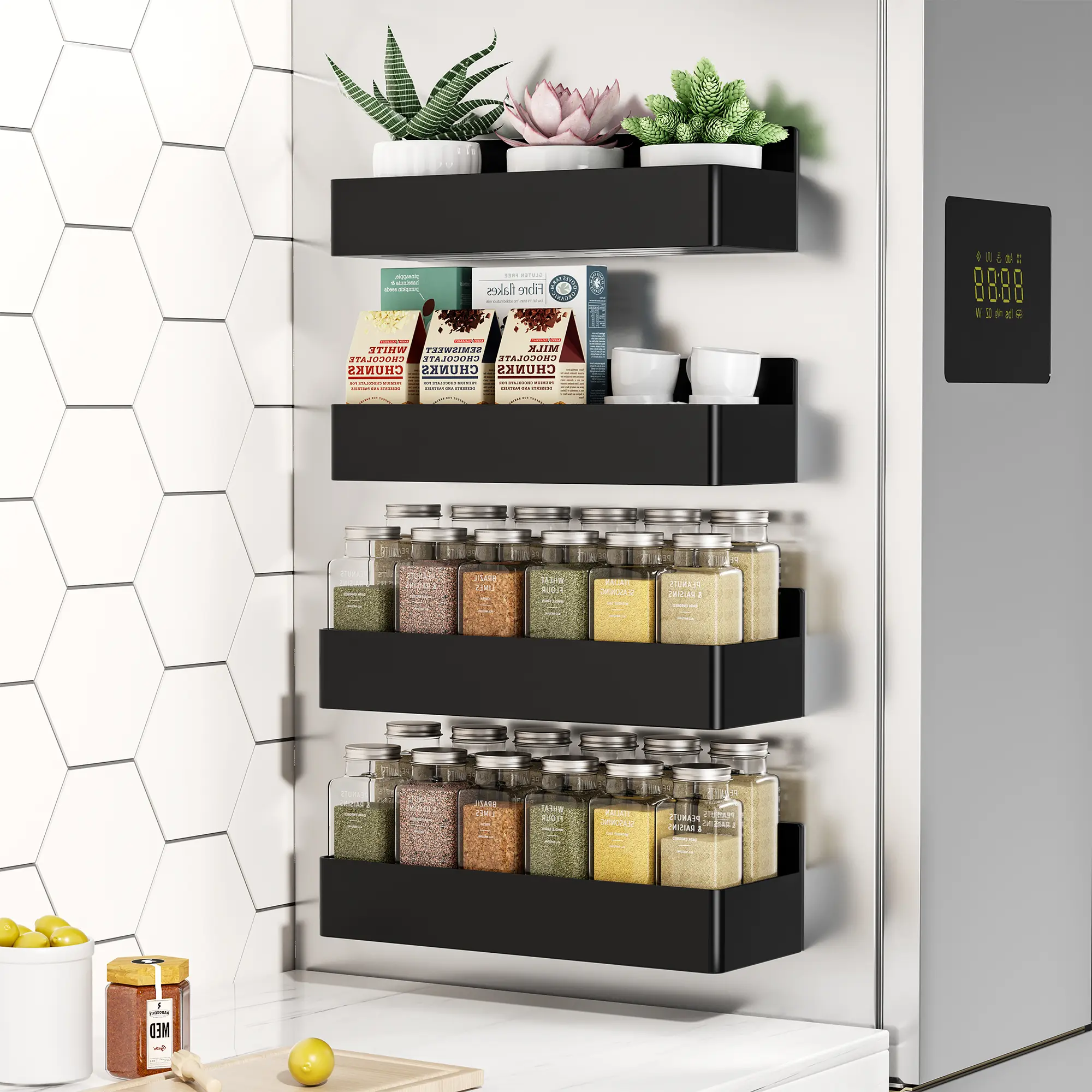 Nieifi 4-Pack Black Magnetic Kitchen Organiser - ABS Multifunctional Storage Rack with Strong Magnets, Space-Saving Storage Organization for Fridge, Coffee Bar