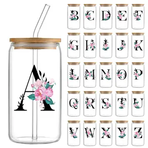 Letter & Flower Pattern Glass Cup with Straw & Brush, 1 Count 16oz Glass Cup, Drinking Cup for Home Office, Stylish Drinkware, Gift for Friend & Family