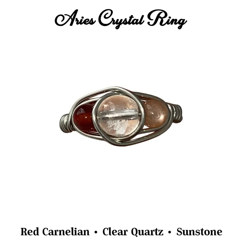 Aries Zodiac Crystal Ring Carnelian Sunstone Quartz March April Birthstone Jewelry Red Carnelian Clear Quartz