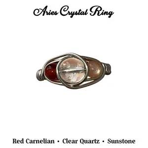 Aries Zodiac Crystal Ring Carnelian Sunstone Quartz March April Birthstone Jewelry Red Carnelian Clear Quartz