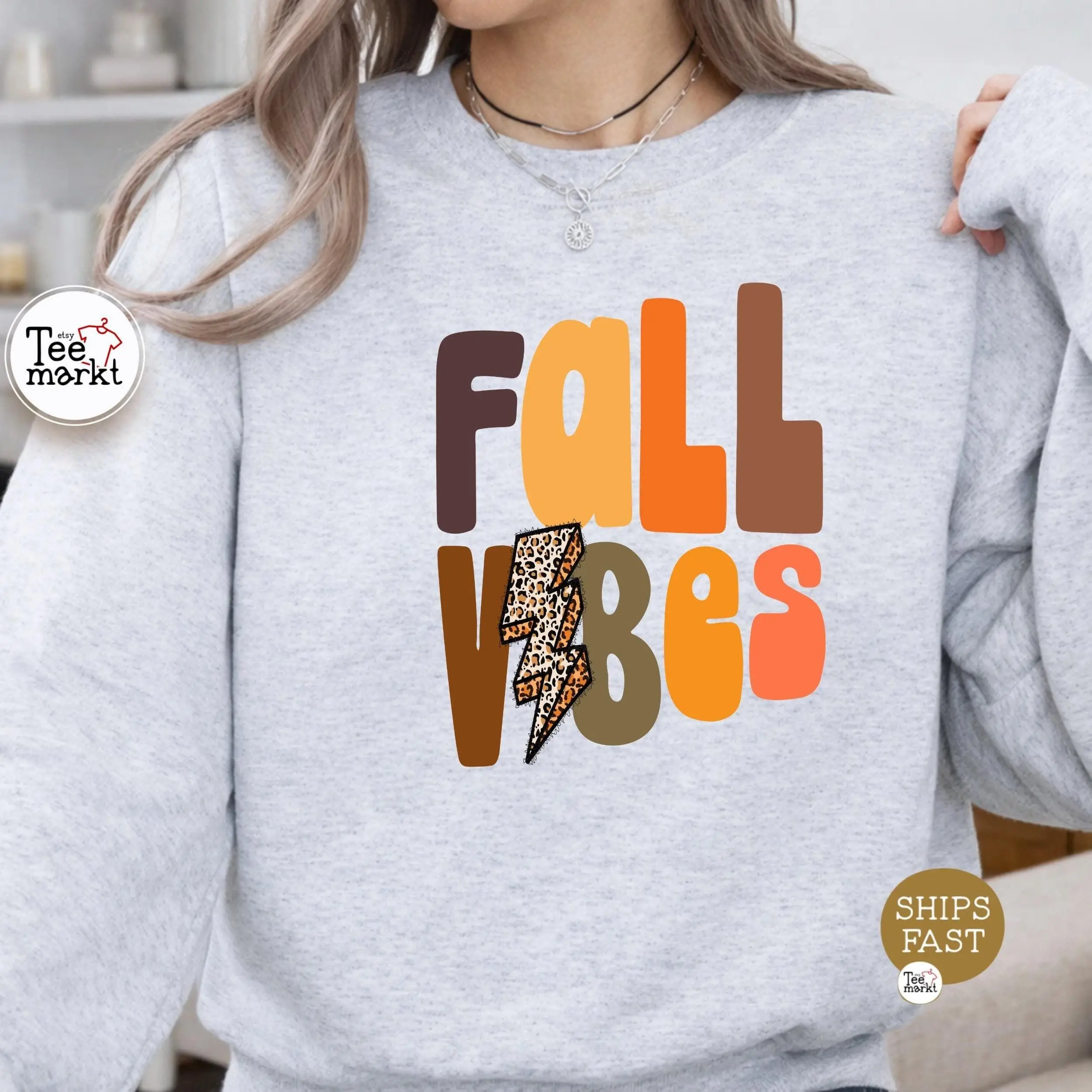 Fall Vibes T-Shirt, Sweatshirt & Hoodie - Retro Leopard Lightning Bolt Graphic Tee