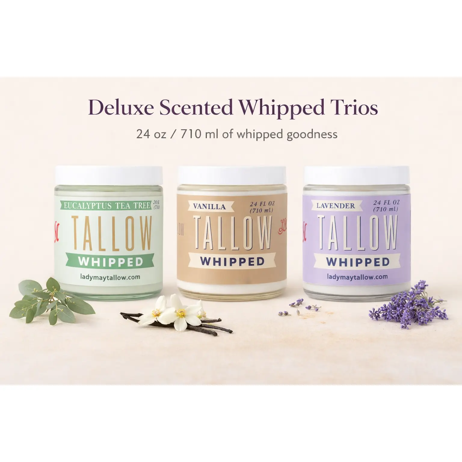 Deluxe Scented Whipped Tallow Trio - 24oz Lavender, Vanilla Bean & Eucalyptus Tea Tree | Grass-Fed Skincare Bundle
