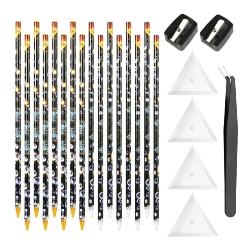 23 piece diamond pencil set, including 16 diamond dot pencils, 4 triangular trays, 2 pencil sharpeners, and 1 pair of tweezers, suitable for nail art, rhinestones, DIY jewelry making, suitable for nail salons, handicrafts, and home projects