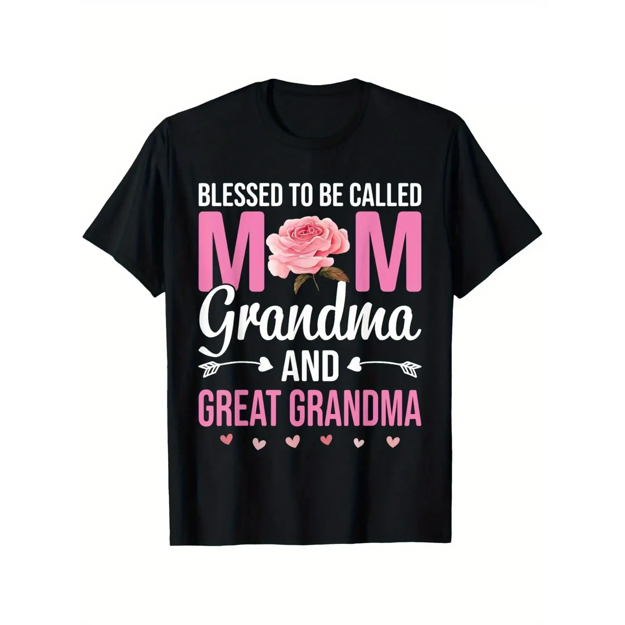 Blessed to Be Called Mom Grandma Great Grandma T-Shirt - Black with Pink Floral & Heart Design, grandma's favorite t shirt good graphic tees funny graphic tee funny shirt guys gifts trendy t-shirts oversized tshirt   Vintage