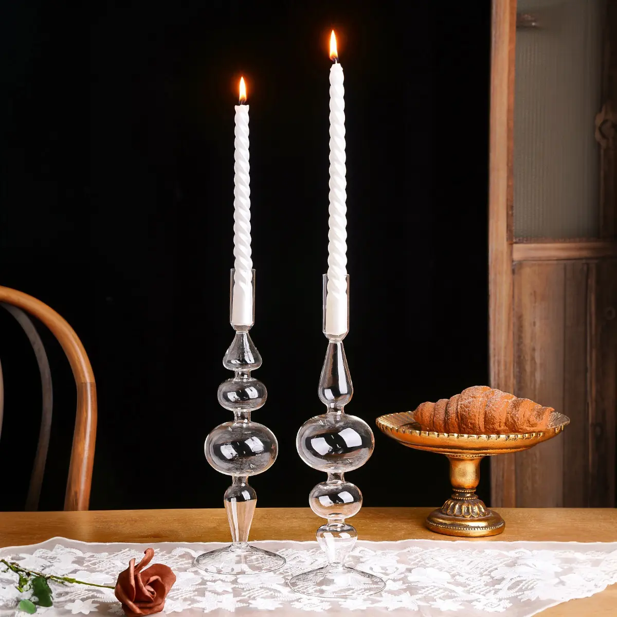 European Simple Irregular Crystal Glass Candlestick, Long Rod Round Ball Home Decor, Suitable for Home Hotel Wedding Table Decoration, Glass Candle Holder