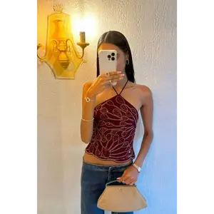 Women Backless Sleeveless Tie Back Embroidered Bead & Sequin Halter Tank Top Summer Party Outfits