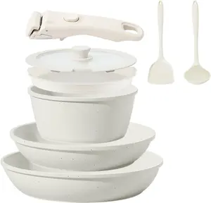 8PCS Ceramic Cookware Set – Nonstick, Removable Handle, Stackable Pots and Pans