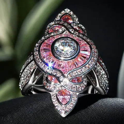 Zircon-Embellished Unisex Channel-Set Shine Pink Fashion Jewelry Ring, Wedding Ring for Couples, Romantic Gift for Engagement or Anniversary