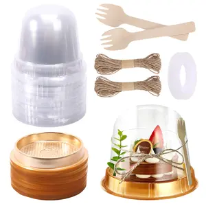 50 Packs Disposable Individual Charcuterie Cup Clear Plastic Round Cake Boxes with Dome Lids Mini Wooden Spork Rope for Outdoor Snack Packing Open Houses Gatherings Wedding Party Event