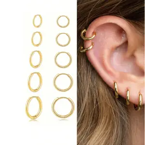 5 pairs of small, close-fitting hoop earrings for women, 14K gold plated, with connectors, suitable for various piercing locations such as earlobes, cartilage, and for everyday wear or as a gift