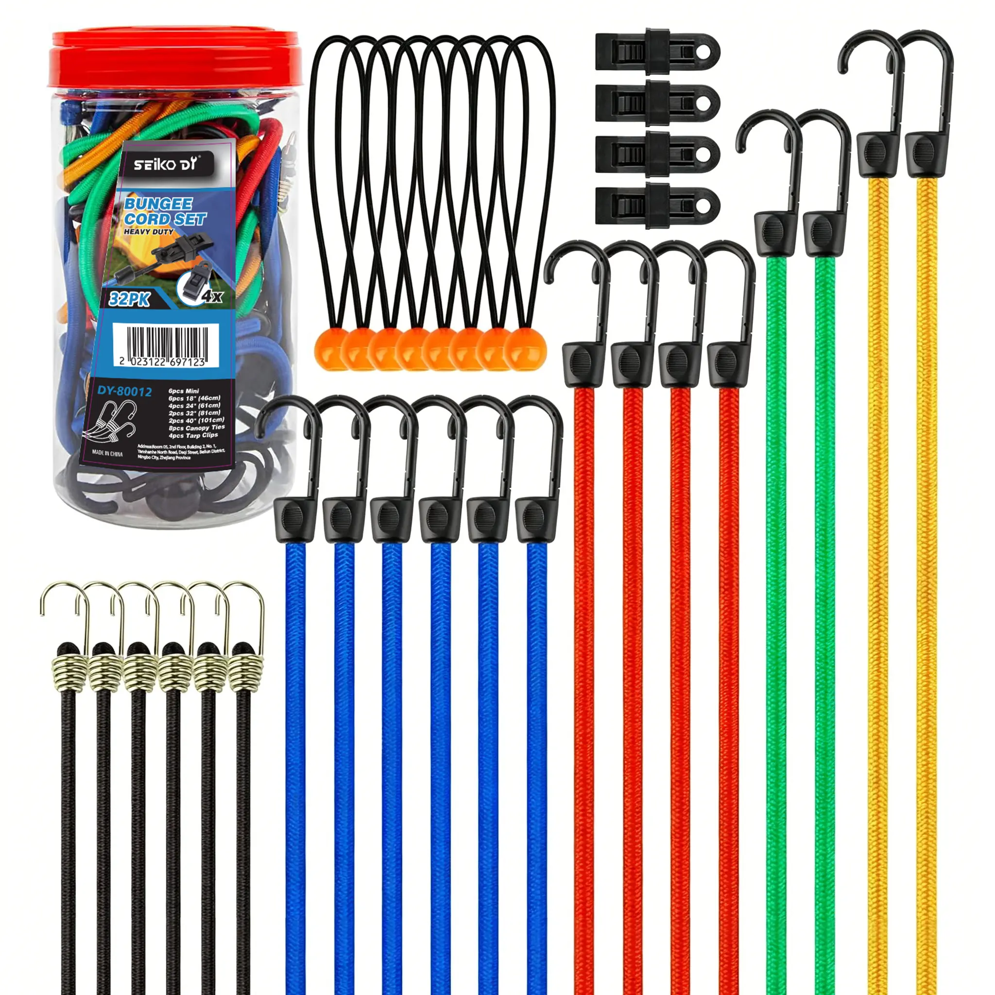 32-Piece Bungee Cords Assorted, 18" 24" 32" 40" Bungee Cords with Hooks, Mini Bungee cords,Canopy Ties With Case,Ideal for camping, hiking, and securing items