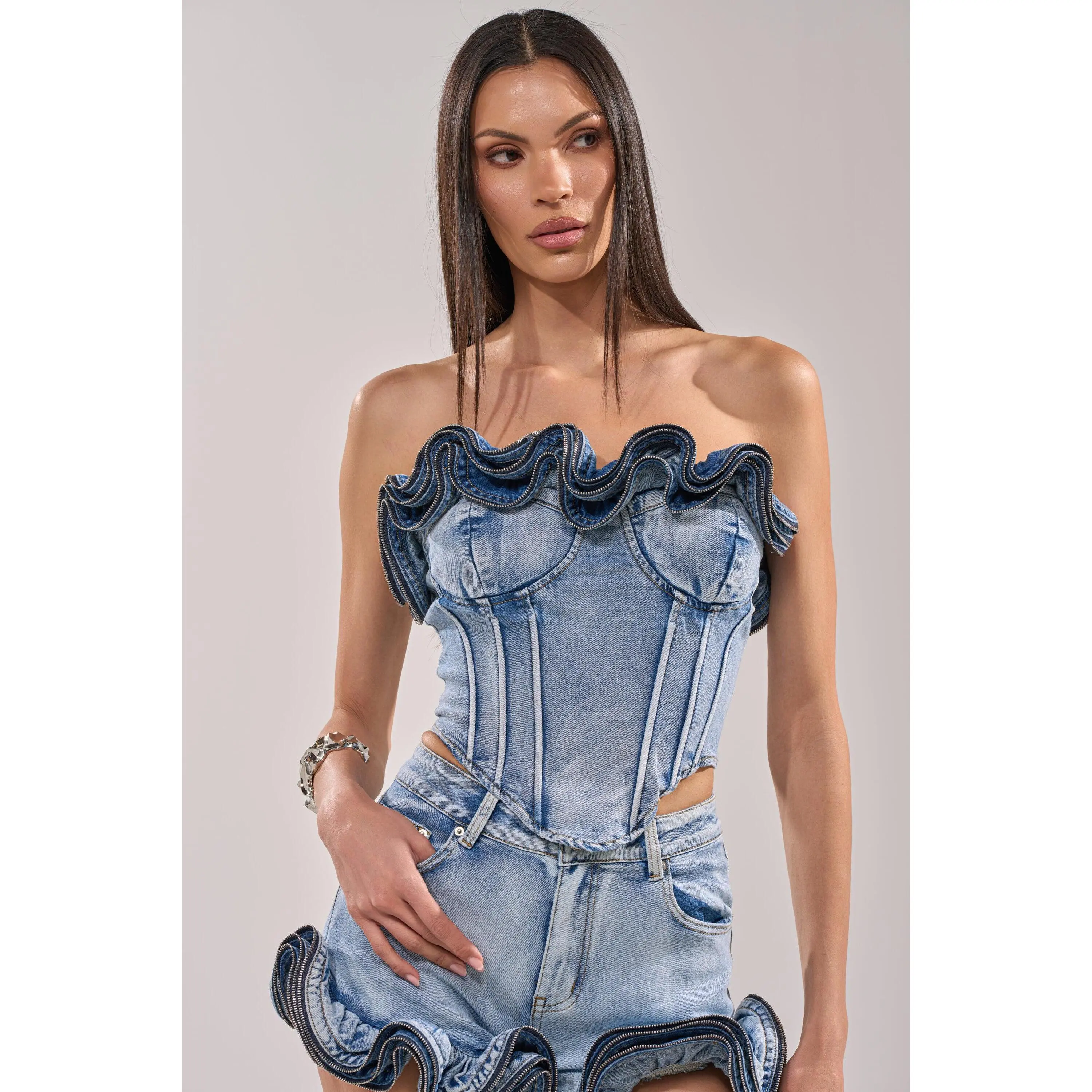 SOMETHING DIFFERENT DENIM CORSET WITH ZIPPER DETAIL SOMETHING DIFFERENT DENIM CORSET WITH ZIPPER DETAIL