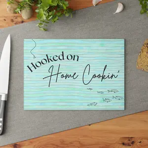 Hooked on Home Cookin' Glass Cutting Board – Coastal Kitchen Decor