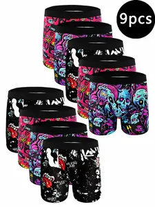 9-Pack Men's Underwear, Boxer Briefs, Underwear Boxers, Men's Printed Multi-Color Mixed Pack, Quick-Dry Breathable Sports Underwear, High Stretch No Restraint, All-Season Casual Sports Underwear for Men