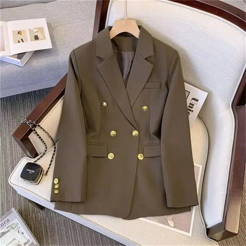 Women's Chic Fitted Beige Double-Breasted Long-Sleeve Blazer - Retro Look Slim Fit Suit Jacket with Buckle, Enhances Aura, for Office & Casual Wear, Pairable with Jeans (Sports & Outdoor Clothing)