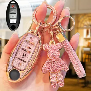 car bracket Sparkling Rhinestone Bear Key Fob Cover & Keychain for Nissan - Luxury Diamond Pattern, Pink Glitter Design with Teddy Bear Charm, Compatible with X-Trail 285E3 7LA6A Ariya Qashqai Geniss Pathfinder Smart Keys, Car Key Accessory
