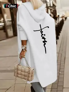 Women's Letter Print Drop Shoulder Hooded Sweater Cardigan, Casual Long Sleeve Pocket Design Knitwear for Fall & Winter, Cardigan for Women,  Long Cardigan Women, Hoodie Cardigan for Women, Fashion Chic Ladies' Knit Clothing for Daily Wear