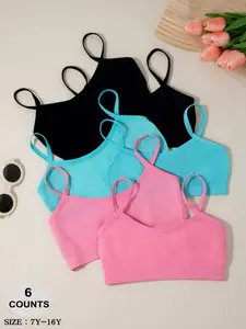 6-Pack Cute Casual Girls Solid Color Camisoles for Ages 7-16, Comfortable and Breathable, Perfect for Everyday Wear, Youth Underwear