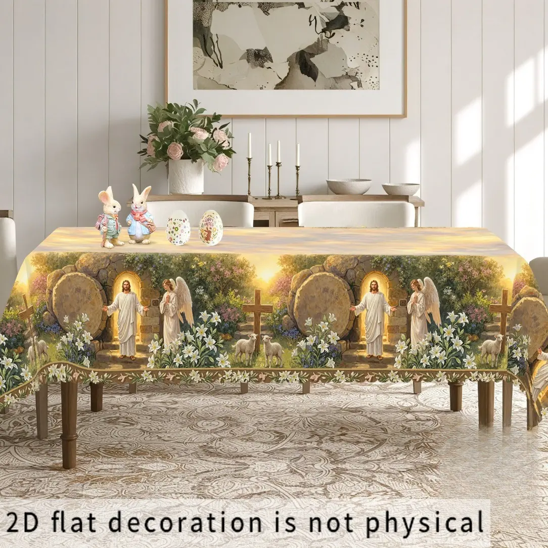 [2D Flat] 1-pc, Holy Tomb Lily, Sacred Halo Tablecloth, Perfect Easter Decoration, Rectangular/round Tablecloth, Easy To Maintain, Embossed Edges, Suitable for Home, Office, Restaurant, and Kitchen, Design.