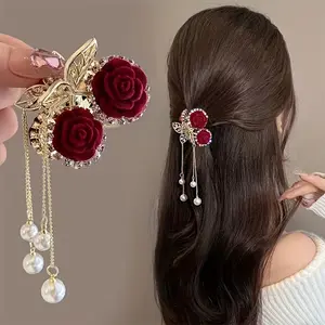 Elegant Vintage Rose and Faux Pearl Tassel Hair Clip - Alloy Floral Design Suitable for Ponytails and Updos Barrettes banana clip hair bows