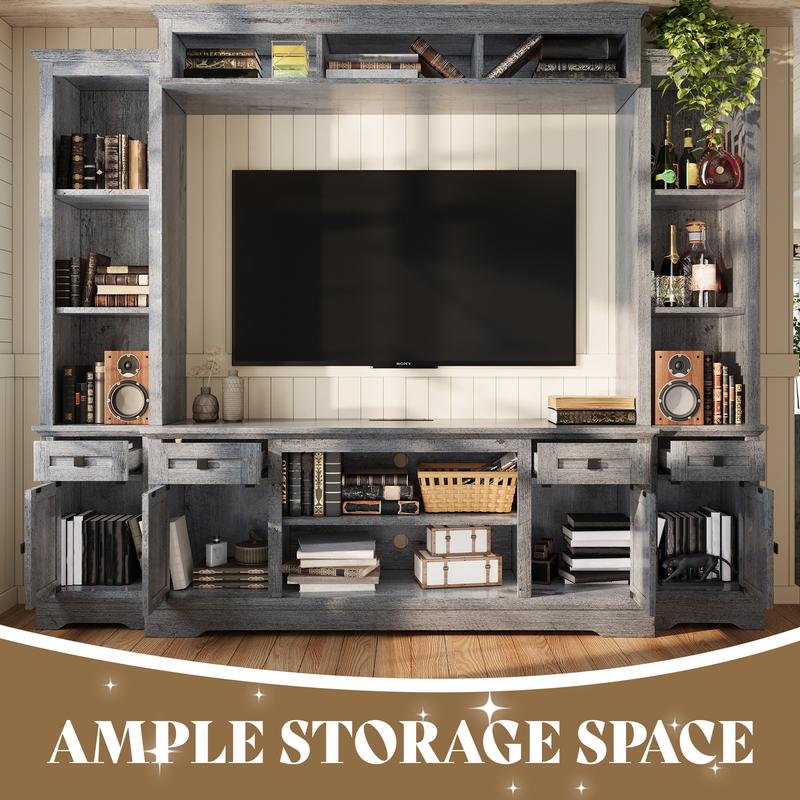 【Ships in 2 Boxes】AMERLIFE Farmhouse 98" Wall Unit TV Stand with Storage Cabinets for TVs up to 78", Large Entertainment Center with Bookshelves & Power Outlets, Wine Display Cabinet with Barn Door, Living Room