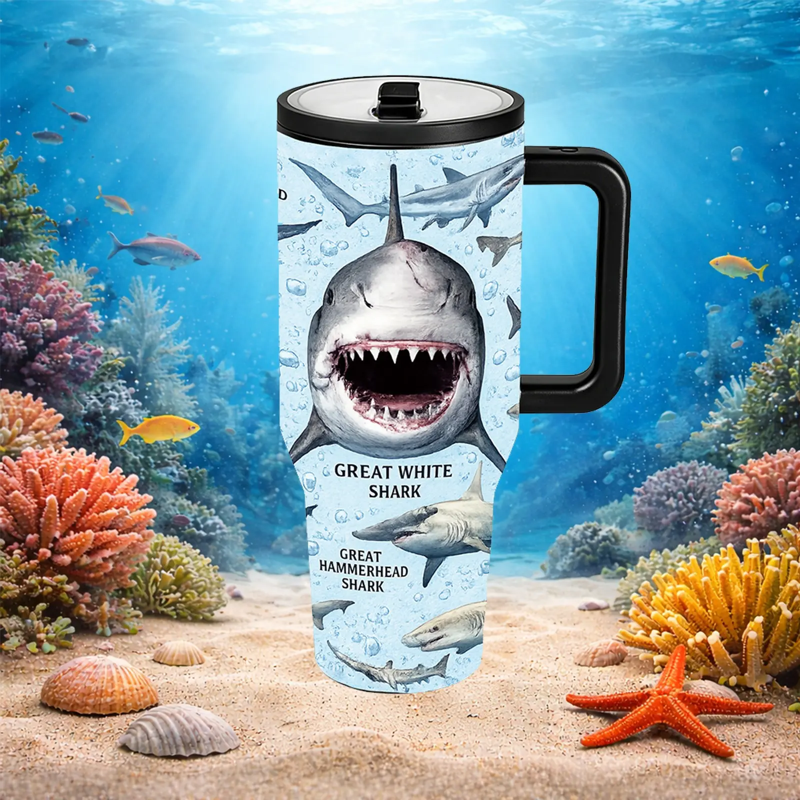 40oz Shark Tumbler with Handle, Shark Ocean Design Travel Mug, Stainless Steel Insulated Cup, Vacuum Insulated Cups, Leakproof Insulated, Keeps Drinks Hot and Cold for Hours, Leak Resistant Lid, Large Capacity Coffee Mug for Beach Camping Fishing Gi