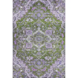HomeRoots 664755 9x12 ft. Olive Green, Purple & Gray Floral Medallion Mandala Area Rug – Colored, Green-Toned, Plant-Themed, Machine-Made Rectangle, Washable, UV-Protected, Colored Area Rugs, Green-Toned Area Rugs