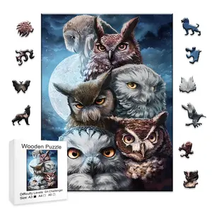 Moonlit Owl Flock Wooden Puzzle | Mystical Night Theme Unique Shaped Pieces Art Jigsaw Gift for Bird Lovers