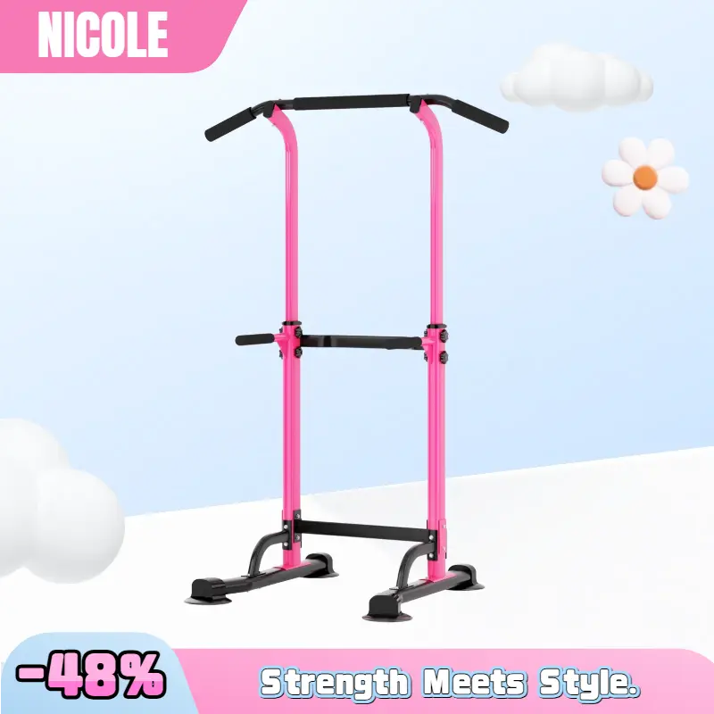 【NICOLE SELECTION】Pink Power Tower for Women, Adjustable Pull Up Bar Station 169-210cm, 150kg Heavy Duty Home Gym Equipment