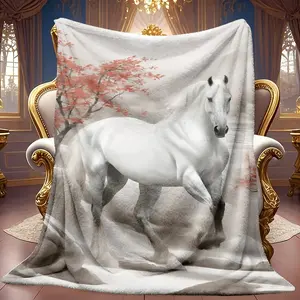 1pc Autumn White Horse Pattern Theme Pattern Flannel Blanket Soft High-definition Digital Printing Cooling Blanket Suitable For All Year Round! 100% Polyester Fiber, Suitable For Family And Friends All Year Round