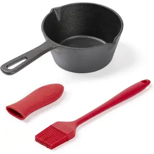 Cast Iron Basting Pot 15.5 Oz 3 PCS BBQ Sauce Melting Pot Set with Silicone Basting Brush & Handle Cover Mini Butter Pot for Grilling Smoking Outdoor Grill Accessories
