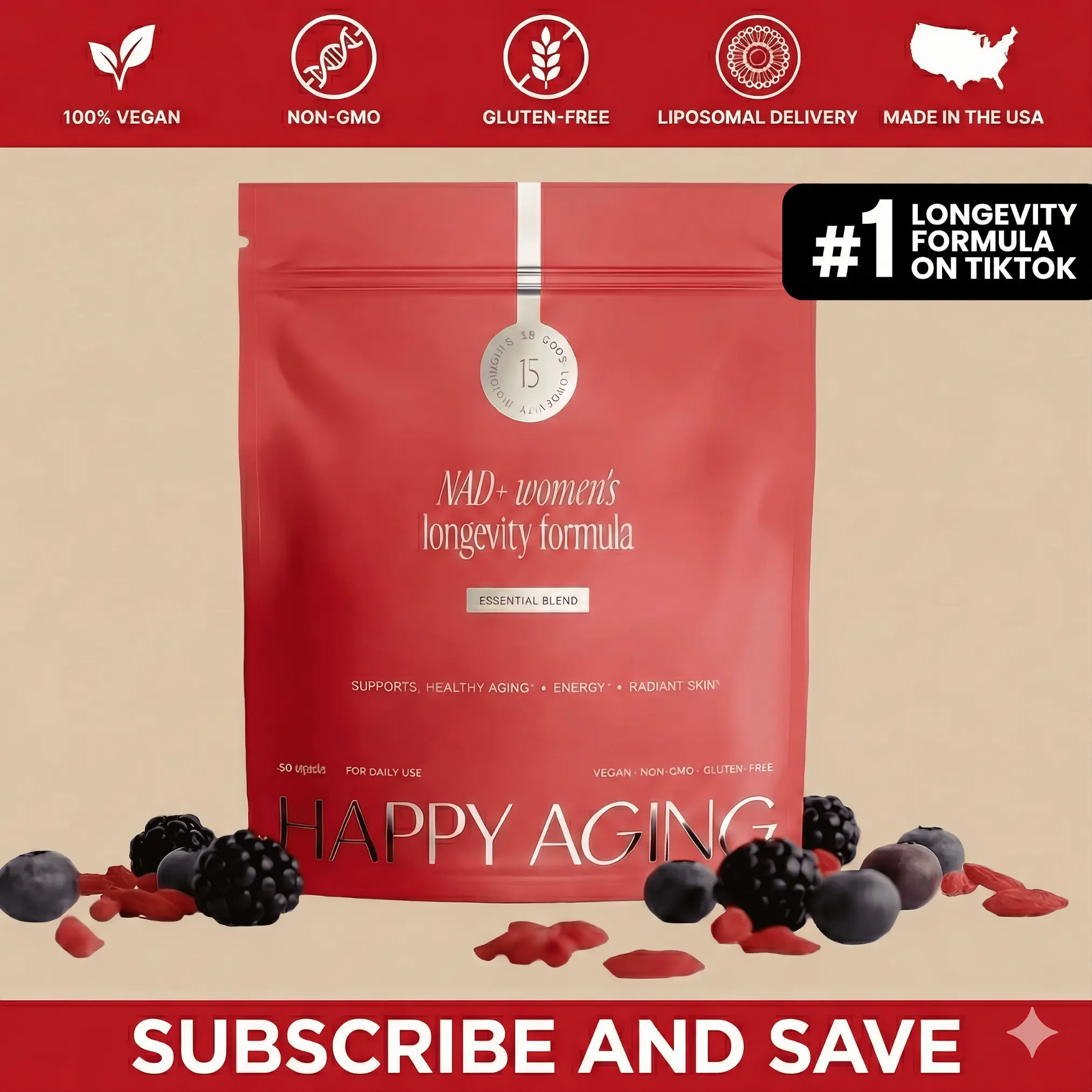 Happy Aging Essential NAD+ SuperBlend Capsules with NMNH, NR & Liposomal NAD+, Organic Superfruit Antioxidants, Hormone & Cellular Support for Women 35+, Energy, Glow & Longevity Formula, Vitamins Women, Advanced Cellular Renewal NAD Supplement Brain Boos