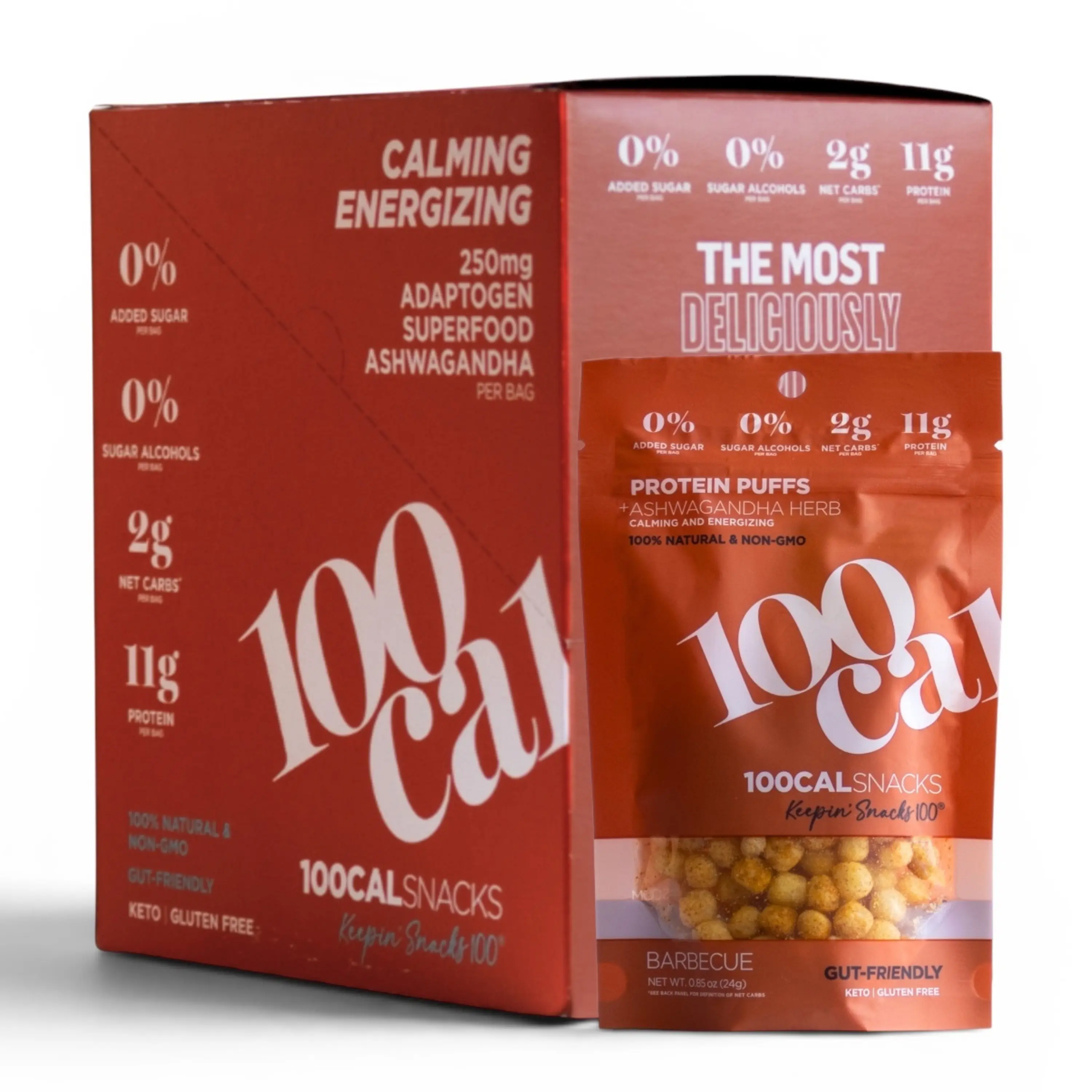 100Cal Snacks BBQ Protein Puffs - Gut & Brain Protein Puffs - With Ashwagandha, Low Carbs, High Fiber, Gluten Free & No Added Sugar/Sugar Alcohols Snacks