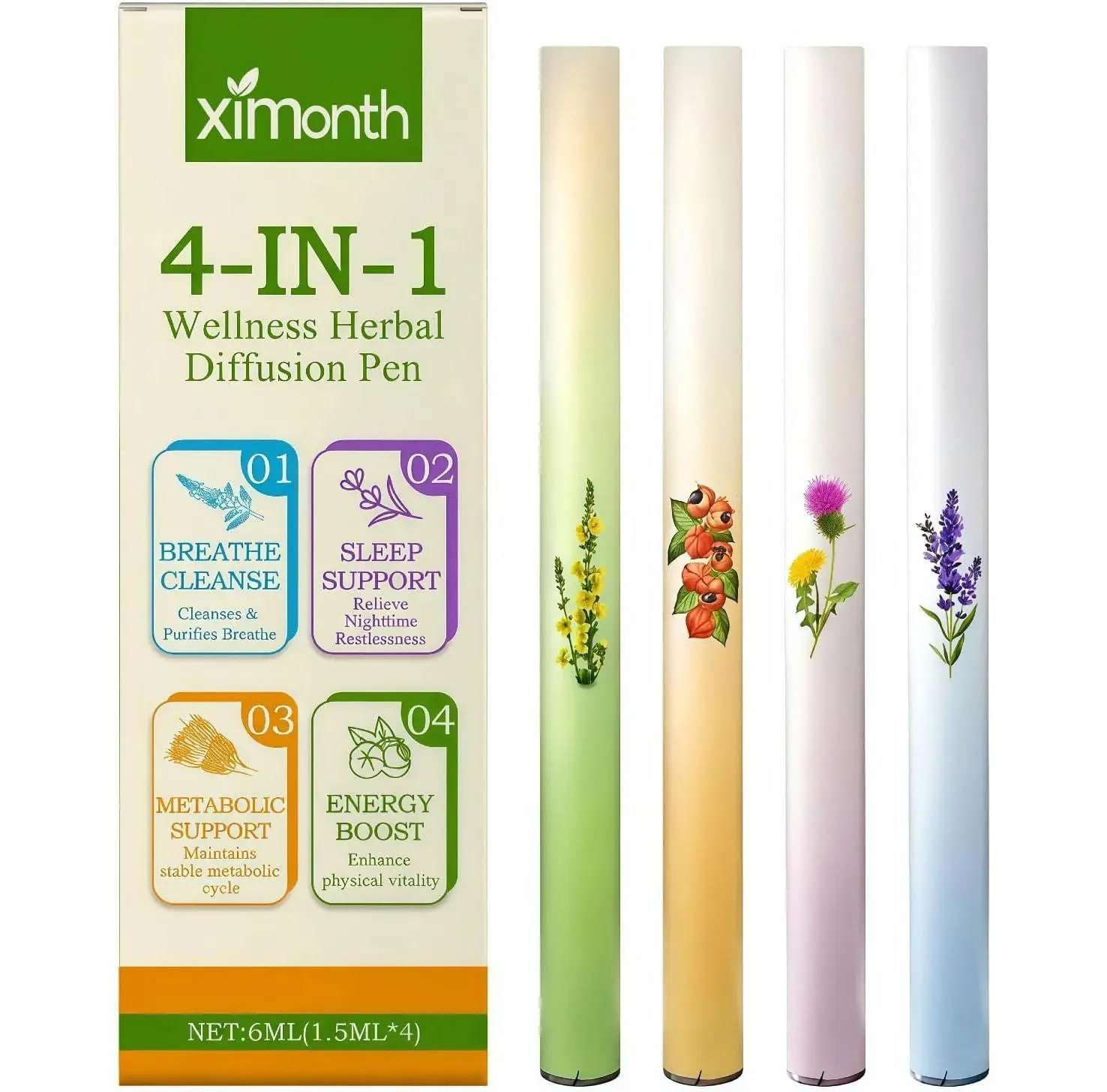 NEW ! Mullein Herbal Diffuser Pen, Natural Aromatherapy Air Inhaler Stick with Mullein Thyme Mint, Four Aroma Variety Set,Air Freshening, Relaxed Feelings, Portable Pocket Size (4 Pack)