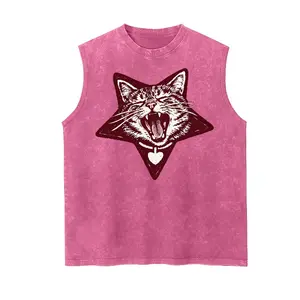 Vintage Y2K Red Pentagram Screaming Cat Tank Top, Vintage Washed Sleeveless Tee, Grunge Aesthetic Kitty Graphic Shirt, Gift For Alt Cat Lovers