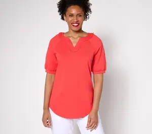 Sport Savvy Cotton Span Elbow Sleeve Top with Pom Neckline