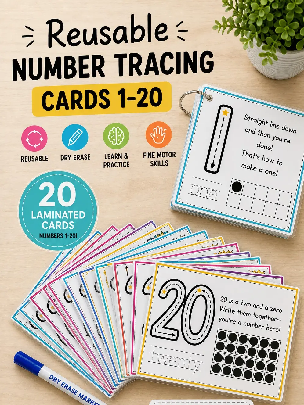 Reusable Number Tracing Cards 1-20 | Laminated Preschool Learning Cards with Dry Erase Marker