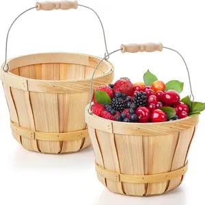 2 Pack Round Wooden Baskets with Handle, Empty Wood Fruit Buckets, Fall Harvest Basket for Display Fruits Vegetables, Home Garden and Party Supplies, Natural Color